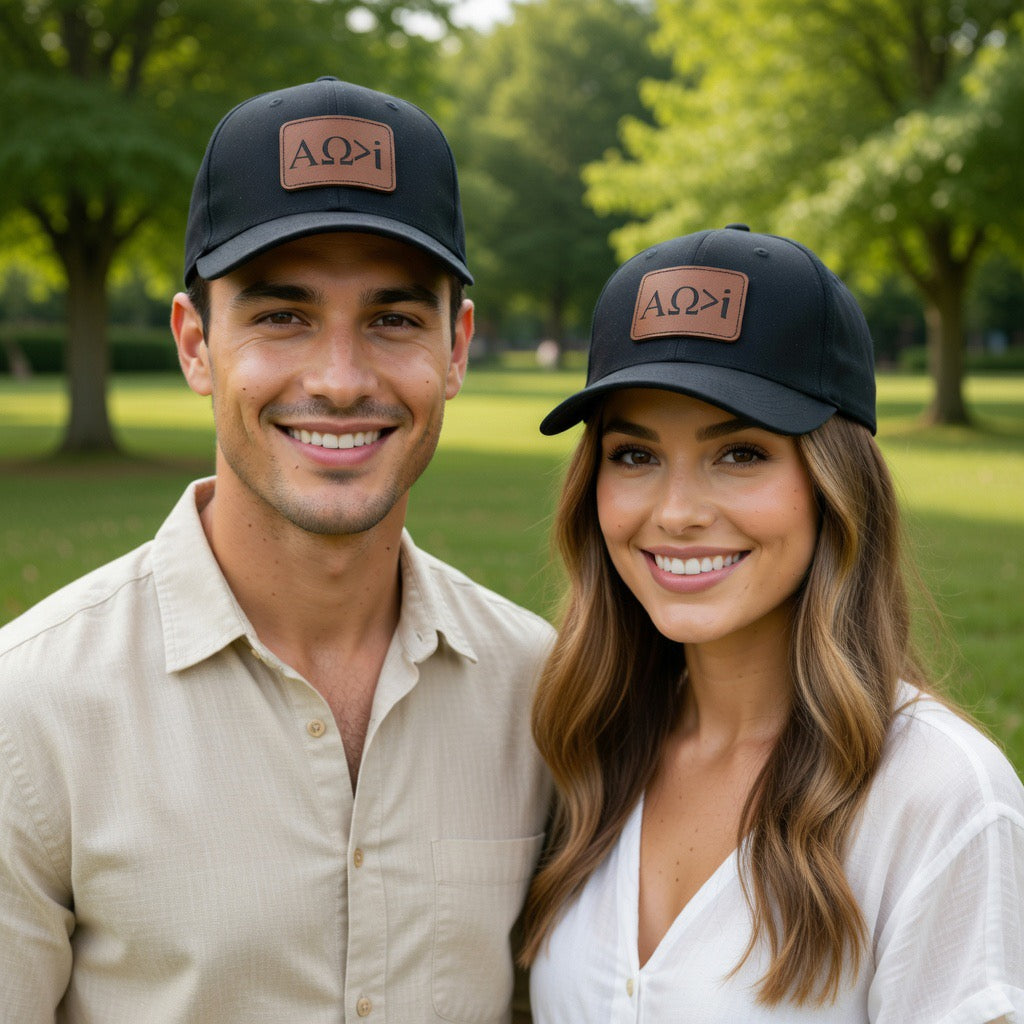 Alpha Omega Greater Leather Patch Baseball Cap, Christian Faith Hat, Yeshua, Jesus Is King Merch, Mens womans, Faith over fear greater than