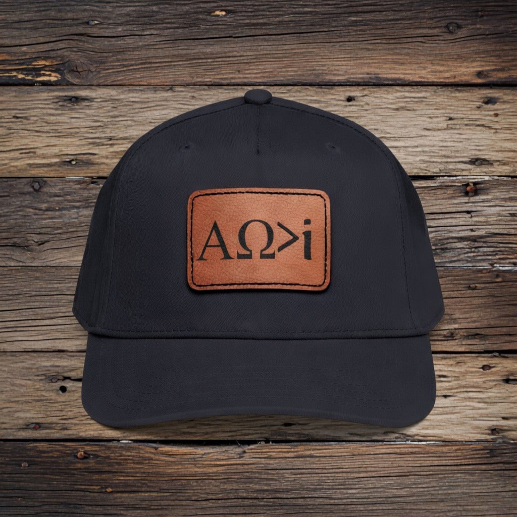 Alpha Omega Greater Leather Patch Baseball Cap, Christian Faith Hat, Yeshua, Jesus Is King Merch, Mens womans, Faith over fear greater than
