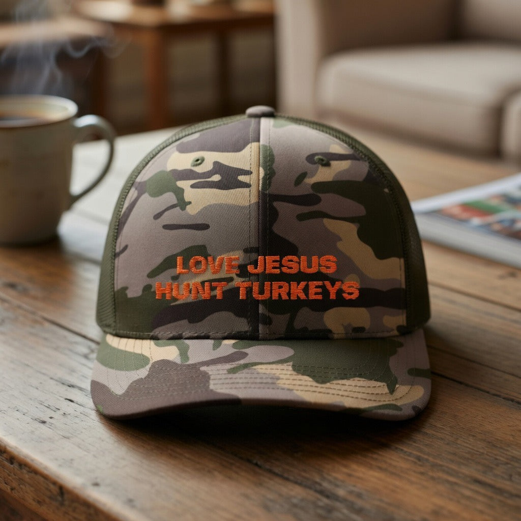 Embroidered Love Jesus Hunt Turkeys Camouflage Trucker Hat | Hunter Camo Cap | faith Hunter Father gift, birthday anniversary present