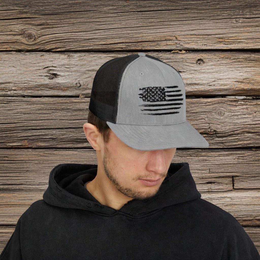 Distressed American Flag Snapback Cap | Trucker Hat, Patriotic Mesh Back