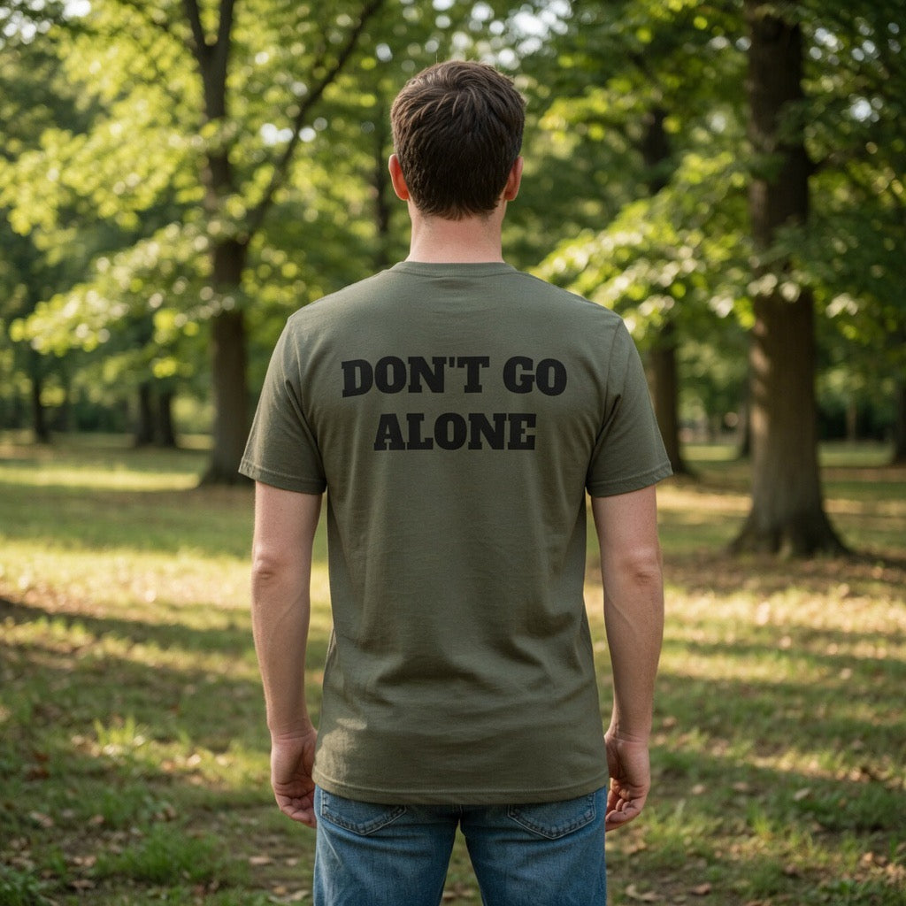 Sharpened Men logo Don't Go Alone T-Shirt | Military olive graphic tee