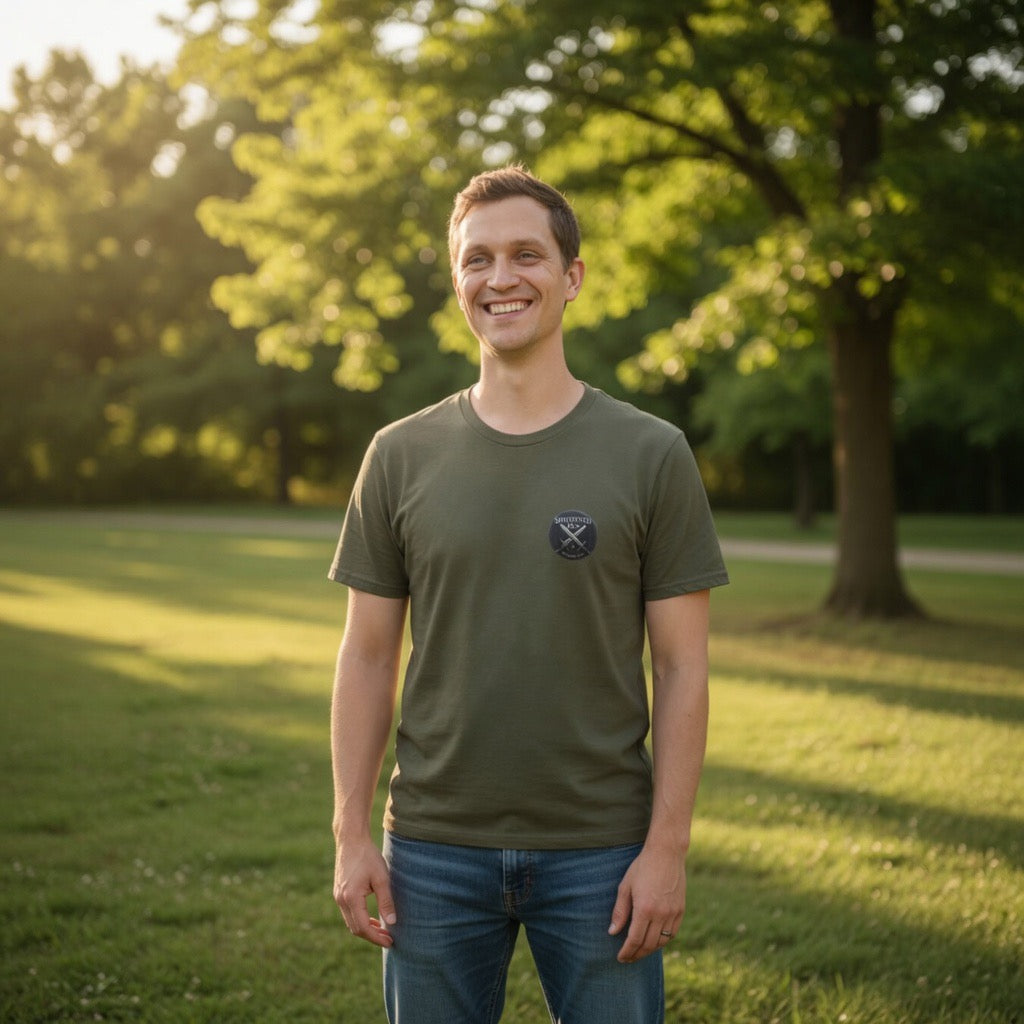 Sharpened Men logo Don't Go Alone T-Shirt | Military olive graphic tee