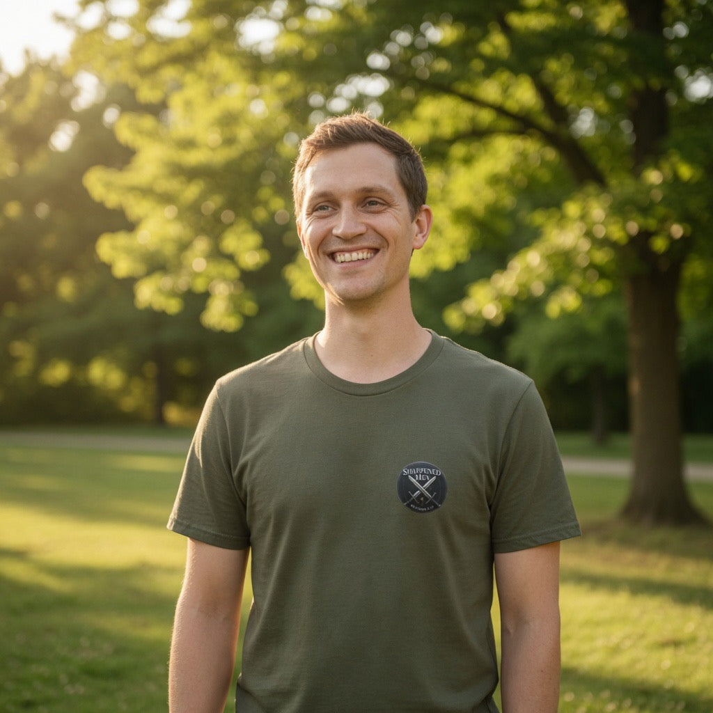 Sharpened Men logo Don't Go Alone T-Shirt | Military olive graphic tee