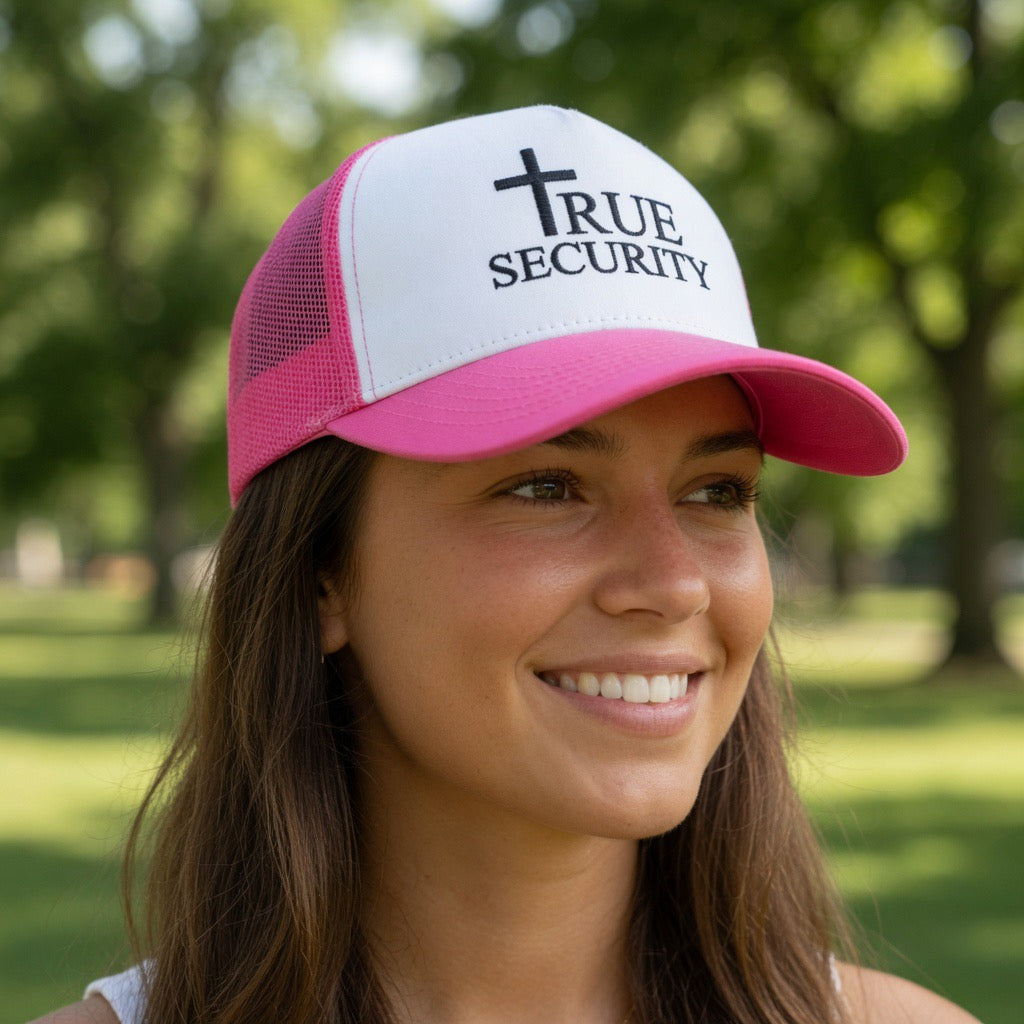 True Security Cross Foam Trucker Hat | Christian Faith Logo | Jesus Is The Only Way, Truth, and Life, Pastor Father Gift, Salvation Cap