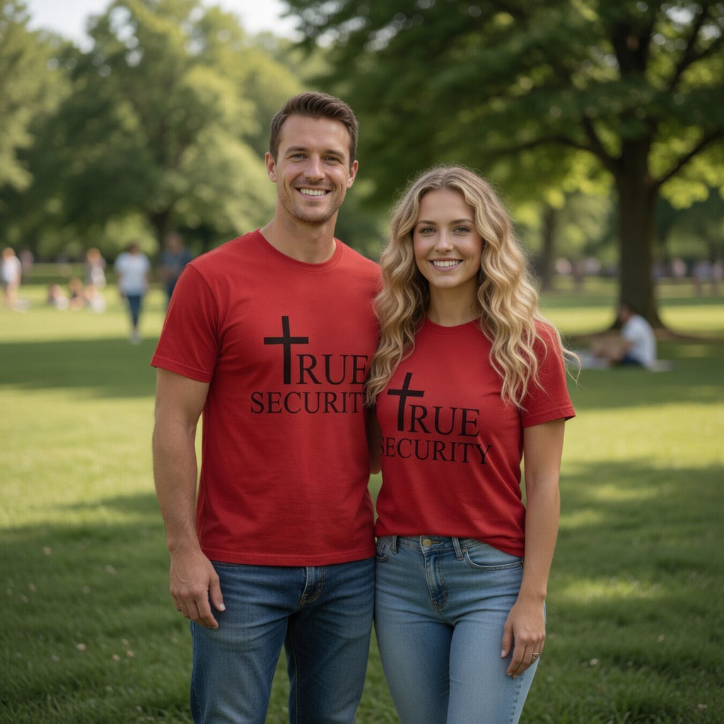 Cross with "True Security" design T-Shirt | Christian faith tee | Christian Faith| Jesus Is The Only Way, Fathers Day, Pastor, Salvation