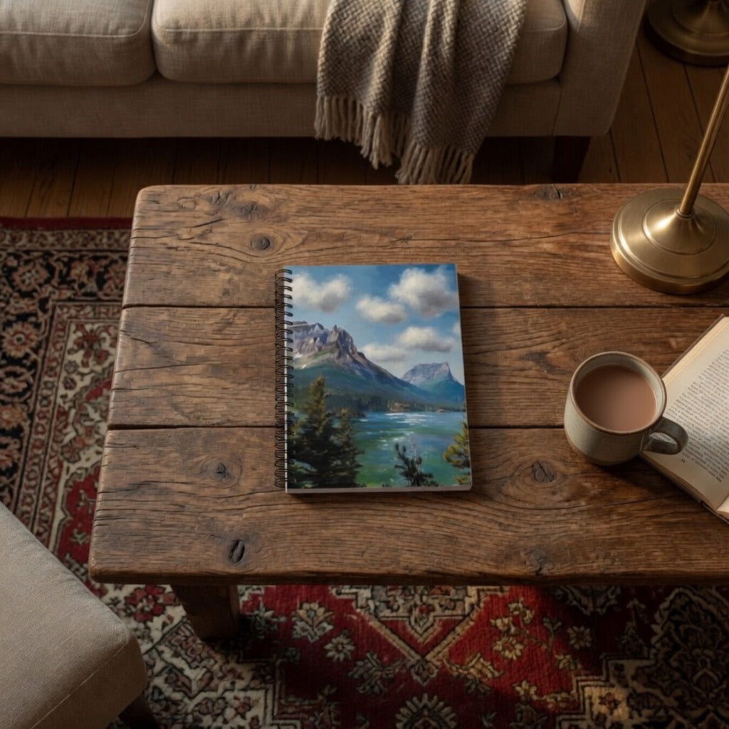 Mountain Lake landscape notebook being an introvert journal | spiral ruled journal
