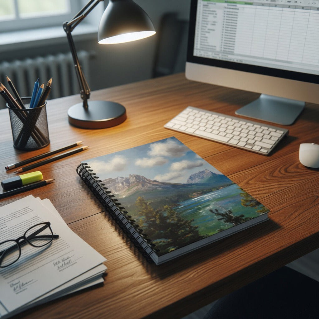 Mountain Lake landscape notebook being an introvert journal | spiral ruled journal
