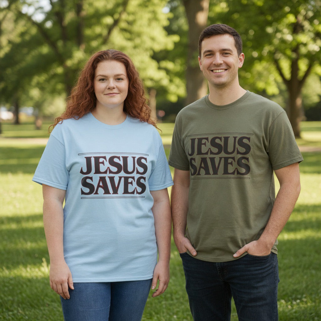 Jesus Saves Tee | Stranger Things Retro Red Text Christian Faith Shirt 1 Timothy 1:15, Forgiven shirt, Jesus Yeshua