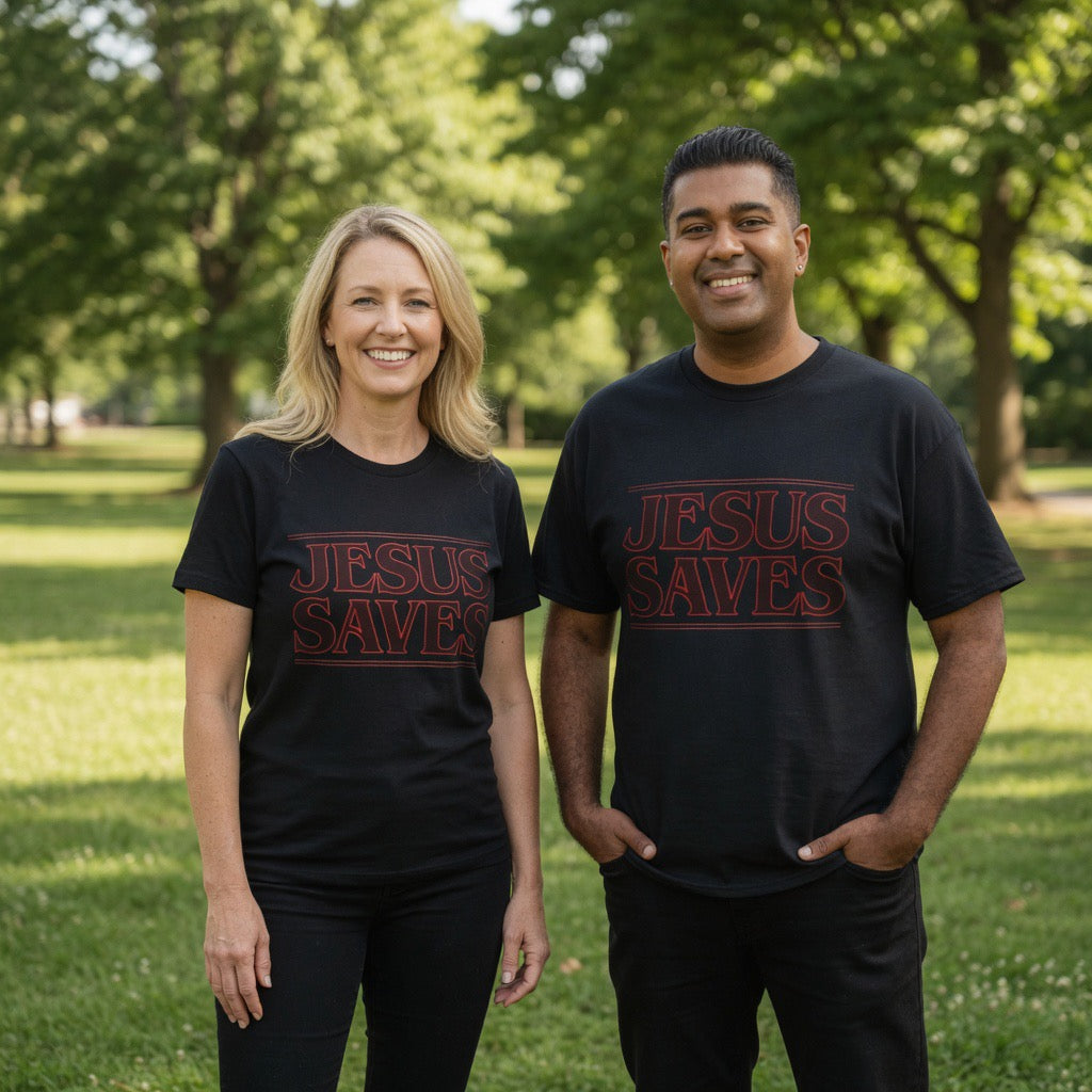 Jesus Saves Tee | Stranger Things Retro Red Text Christian Faith Shirt 1 Timothy 1:15, Forgiven shirt, Jesus Yeshua