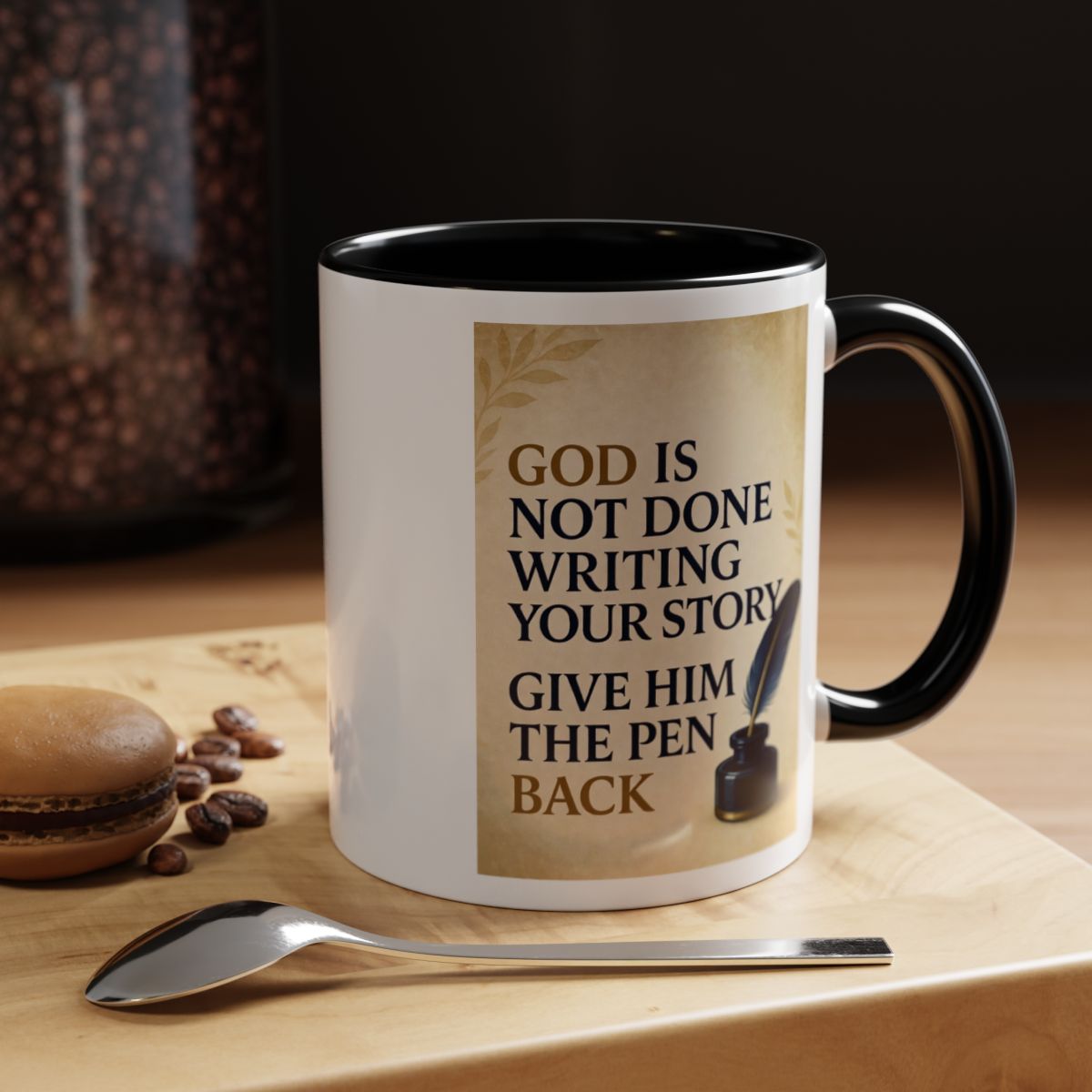 God Is Not Done Writing Your Story Mug | Inspirational Religious Quote, Black Accent Coffee Mug