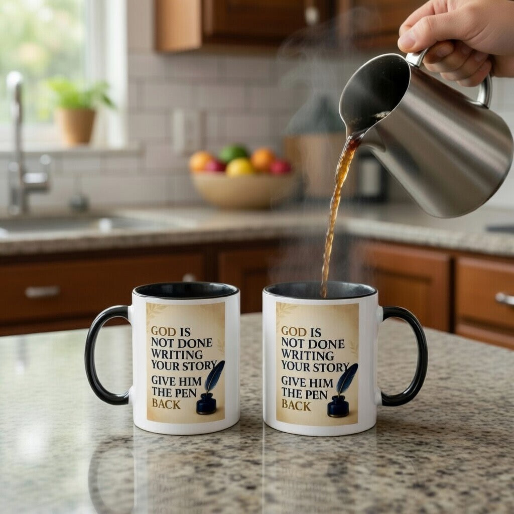 God Is Not Done Writing Your Story Mug | Inspirational Religious Quote, Black Accent Coffee Mug