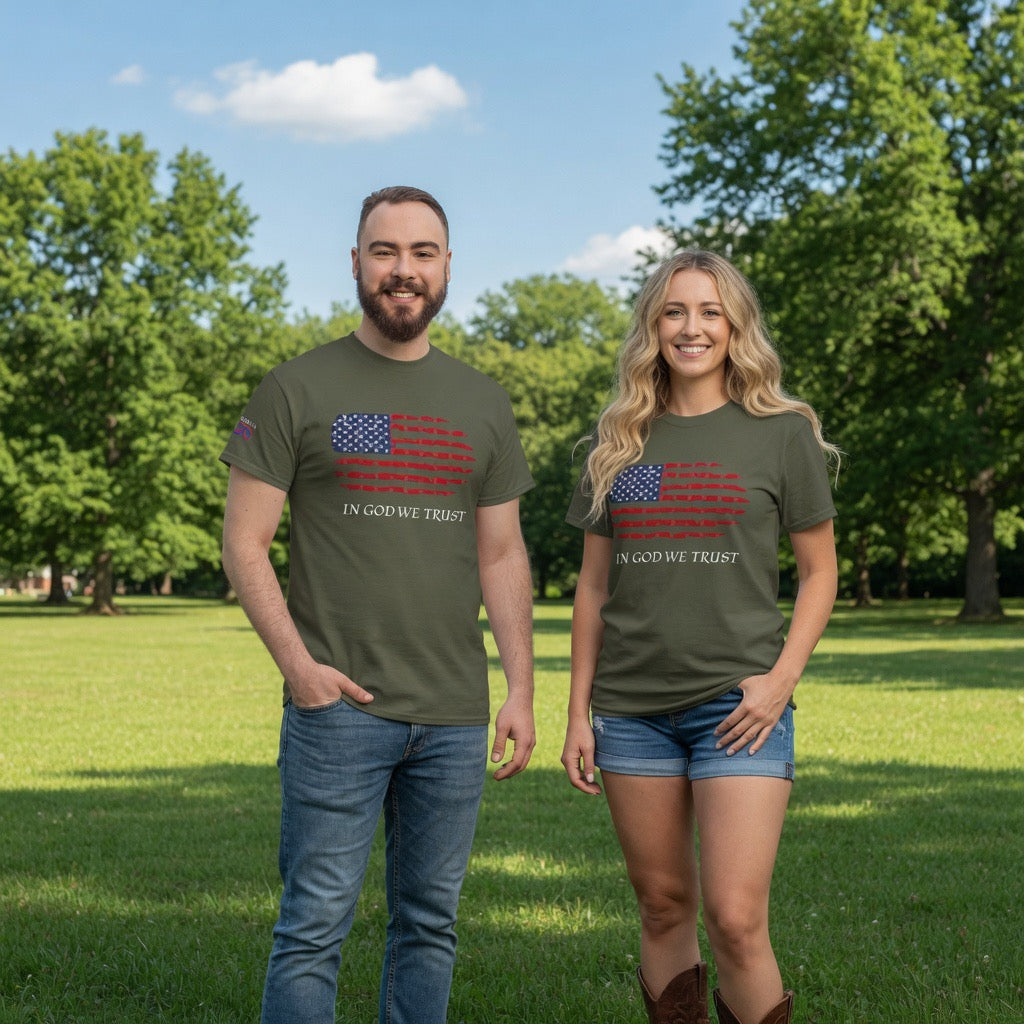 America 250 In God We Trust Distressed American Flag Tee | USA Stars Stripes Graphic T-Shirt, Military Green Father Veteran Pastor Gift