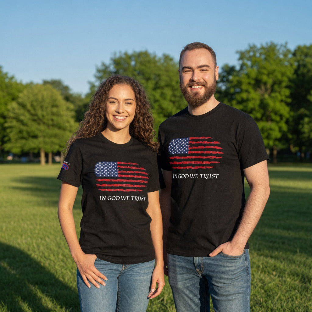 America 250 In God We Trust Distressed American Flag Tee | USA Stars Stripes Graphic T-Shirt, Military Green Father Veteran Pastor Gift