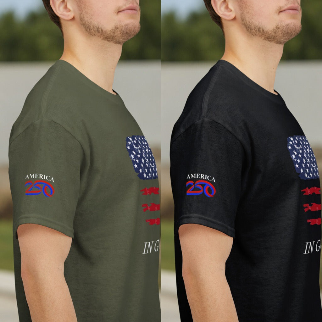 America 250 In God We Trust Distressed American Flag Tee | USA Stars Stripes Graphic T-Shirt, Military Green Father Veteran Pastor Gift