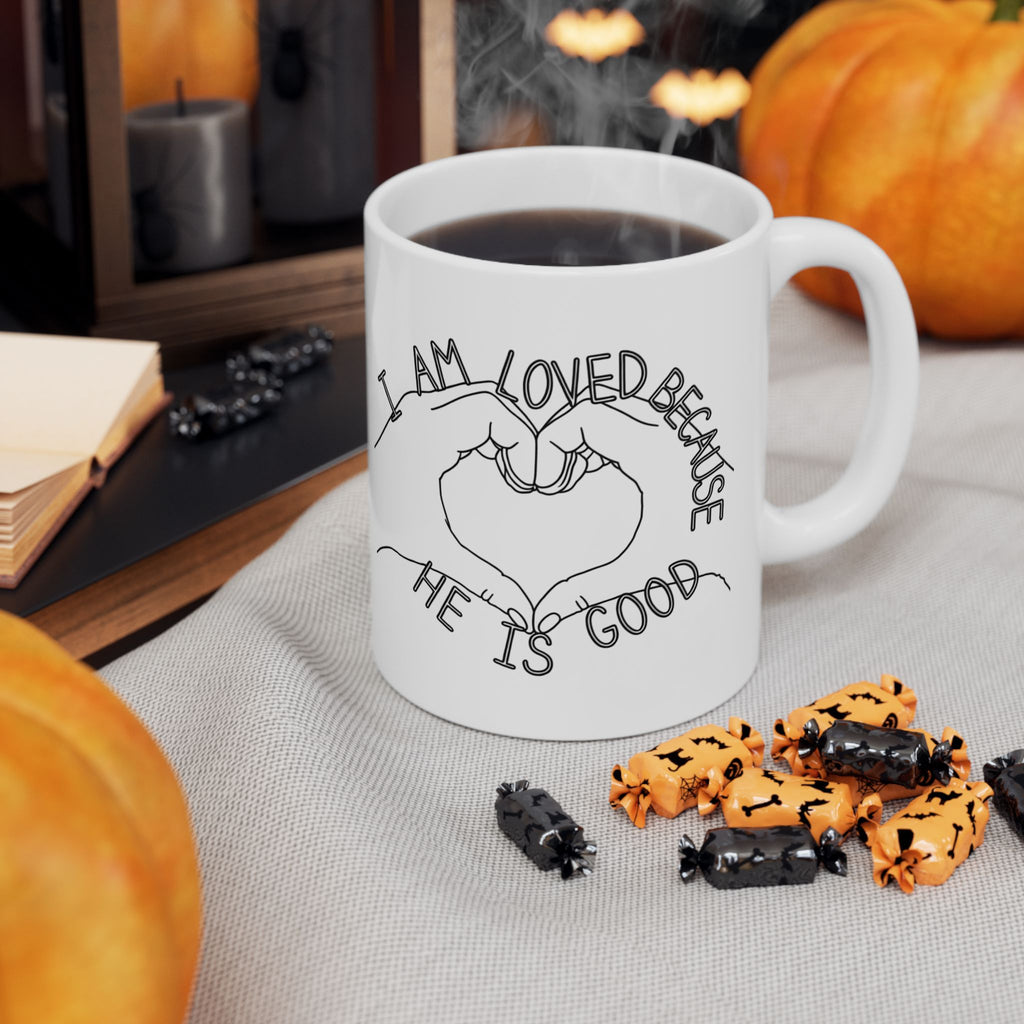 I Am Loved Because HE is Good Handwritten Heart Mug | Inspirational Ceramic Coffee Cup